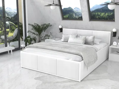 A modern bedroom with a large white bed, a hanging chair, and large windows overlooking a mountainous landscape.
