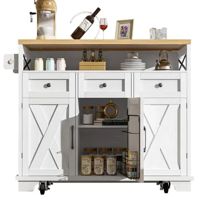 Immagine prodotto di Isola da cucina con ruote e portasciugamani, bianca, 118x43/70x98 cm