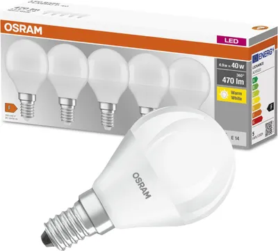 A pack of Osram LED light bulbs with one bulb in the foreground and the packaging in the background.