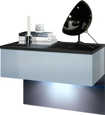 Produktbild von Vladon Nachttisch Sleep,  Germany, Nachttischschrank mit Schublade zur Wandmontage, Schwarz matt/Denim matt, inkl. LED-Beleuchtung (60 x 46 x 35 cm)