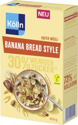 Zdjęcie produktu dla Kölln Musli owsiane w stylu banana bread, o obniżonej zawartości cukru, opakowanie 400 g