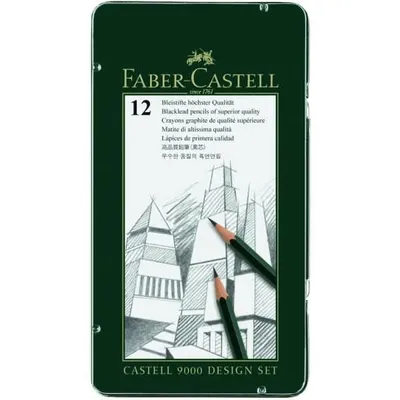 A Faber-Castell Castell 9000 Design set of 12 blacklead pencils in a metal tin.