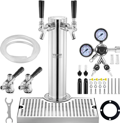 Obrázok produktu pre VEVOR kegerator tower kit, súprava na konverziu piva s 2 pivnými kohútikmi, výčapný stojan na pivo z nehrdzavejúcej ocele s dvojitým meracím zariadením W21.8 regulátorom a spojkou na keg S-System, podnos na odkvapkávanie piva pre domáce párty
