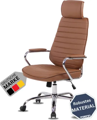 Produktbild von DELUKE® Bürostuhl Ergonomisch FUGOR Schreibtischstuhl mit Rollen | Höhenverstellbarer Drehstuhl, Arbeitsstuhl mit Kopfstütze | Chefsessel, Computerstuhl 125 kg | Hellbraun