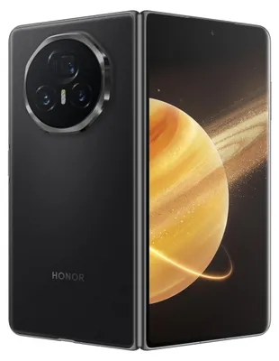 A black foldable smartphone is shown from the side, with its screen displaying a colorful image of a planet.