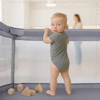 Obrázek produktu pro Ohrádka Ohrádka pro miminka Malplay KIVO Playground 120x180cm Šedé síťové stěny od 6 měsíců rychlá montáž