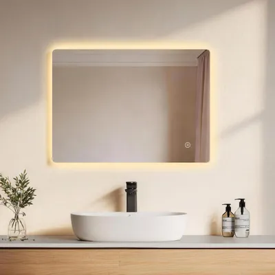 Immagine prodotto di EMKE Specchio da bagno a LED 70x50cm con illuminazione 3 colori di luce bianco freddo neutro bianco caldo antiappannamento Specchio da bagno con interruttore a sfioramento