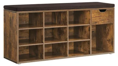 Produktbild von Schuhbank - Schuhregal - 1 Schublade - 10 offene Fächer - 104x30x48 cm - Braun