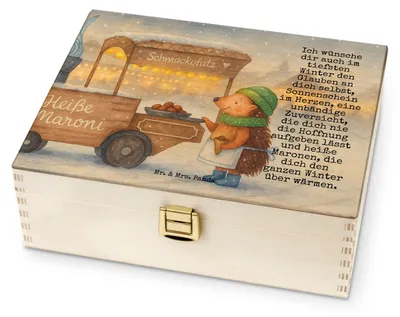 Produktbild von Mr. & Mrs. Panda Holz Teebox Igel Maronen Design - Weiß - Geschenk, Weihnachten, Kastanien, für Paare, Weihnachtsmarkt, tee box, Teedose, Duft