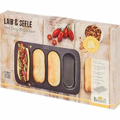 Produktbild von Birkmann Laib und Seele, Backform für Hot Dog Brötchen, Brotbackform, 4-fach, Stahlblech, Schwarz, 35 x 22 x 3 cm, 210394