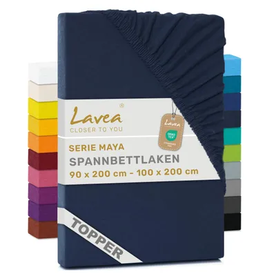 Produktbild von Lavea® Topper Spannbettlaken 90x200 cm - 100x200 cm, Maya 100% Jersey Baumwolle – Weiches Spannbetttuch Topper bis 10 cm- Galaxyblau