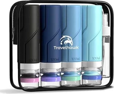 Produktbild von 16-teiliges Reiseflaschen-Set mit Etui, auslaufsicher, BPA-frei, 100 ml, transparent für Handgepäck