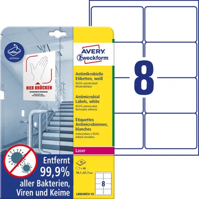 Produktbild von Avery Zweckform L8004REV-10 Antimikrobielle Etiketten - 99,1 x 67,7 mm ablösbar, weiß, 80 Stück