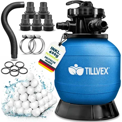 Image de Filtre à sable pour piscine tillvex® sans pompe + 400 g de billes filtrantes pour piscines jusqu'à 21 m³ (21 000 litres) | Cuve de filtration avec adaptateur Ø 32-38 mm | Cuve de filtration à sable avec vanne à 7 voies, manomètre et tuyau d'aspiration