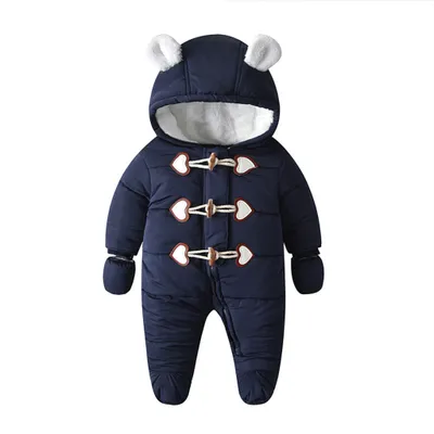 Obrázok produktu pre Detská kombinéza zimná teplá kombinéza s kapucňou Chlapčenská kombinéza Bavlnený dlhý rukáv s rukavicami kombinéza Onesies body (modrá, 73 cm)