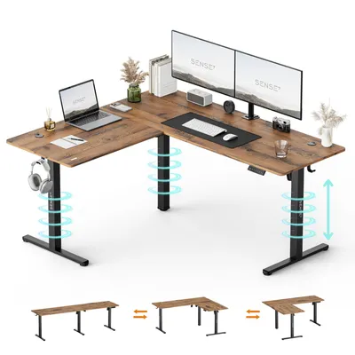 Obrázok produktu pre SENSE7 NOJO, rohový písací stôl, model Light Corner, elektricky nastaviteľná výška, rozmer 160x140, tvar L, stojací pracovný stôl, dvojitý motor, vzhľad dreva, tmavohnedá a čierna farba