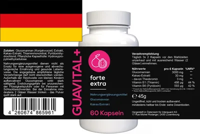 A product shot of a bottle of Guavital+ Forte supplements, with a German flag in the top left corner.