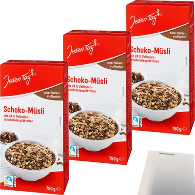 Produktbild von Jeden Tag Schoko Müsli 3er Pack (3x750g Packung) + usy Block