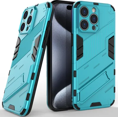 Produktbild von Armor Hülle für iPhone 15 Pro, Hybrid PC TPU Bumper Stoßfestes Schutzhülle mit Standfunktion Blau