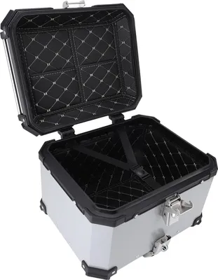 Image de Top case moto 45 L, fermeture rapide, doublure en cuir, alliage d'aluminium, coffre de rangement arrière étanche avec dossier et poignée, argent
