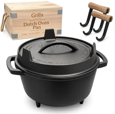 Produktbild von Grillx Dutch Oven 9 Liter inklusive Aufbewahrungshülle - Einzigartige Griffe -  Geschenkverpackung - Gusseiserner Topf