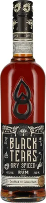 A bottle of Black Tears Dry Spiced Rum against a white background.