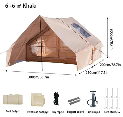 Immagine prodotto di Tenda gonfiabile - Modello 6.3AB-6 - Montaggio rapido con pompa - Tenda per famiglie, da 5 a 8 persone - Finestre sul tetto - Zona notte + zona living - Impermeabile, 1500-2000 mm di colonna d'acqua - Colore kaki