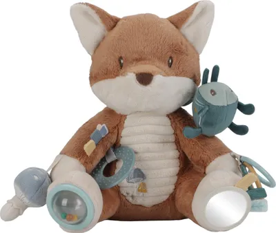 A plush toy fox sitting on a white background.