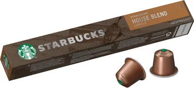 A box of Starbucks House Blend Nespresso capsules with two capsules in the foreground.