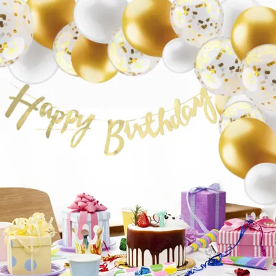 Produktbild von Balloono Geburtstags-Dekorationsset mit Luftballons und Banner, 60-teiliges Set, Gold