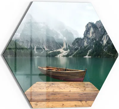Produktbild von DEQORI Glasbild Echtglas 55x48 cm 'Bergsee und Bootsteg' Wandbild Bild modern Deko