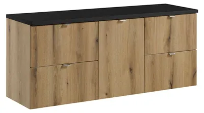 Produktbild von Badezimmer-Set VANO in Eichen- und Schwarzoptik 140cm: Unterschränke mit Schubladen und Wäschekorb + Waschtischplatte
