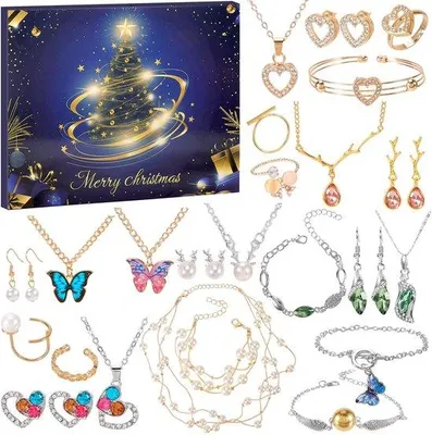 Produktbild von Adventskalender 2025 – Schmuck – 24 Überraschungen – Halskette/Ring/Ohrringe – Weihnachtsgeschenk für Damen – Adventskalender Weihnachten – Schmuckkalender