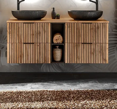 Produktbild von MONTIERT Design Badmöbel Set XILO 140 cm mit 2  Waschbecken LED Soft-Close Waschtisch