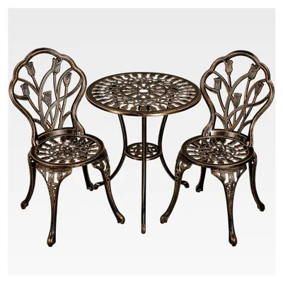Produktbild von 3-teiliges Bistroset aus Aluminiumguss mit Gartentisch und 2 Stühlen für Garten und Balkon, Bronze