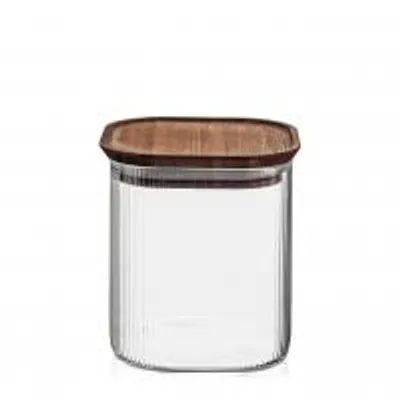 Produktbild von H&H Glasbehälter aus Borosilikatglas mit Rillen und Holzdeckel, Fassungsvermögen 0,85 Liter