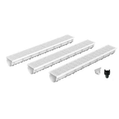 Produktbild von MEA DECOLINE Entwässerungsrinne 3er-Set, 3 x 1 m, aus GFK mit steingrauem Kunststoff-Längsstabrost ohne Zubehör, für Terrassen, Pools und Einfahrten