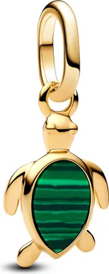 A gold turtle charm with a green malachite inlay.