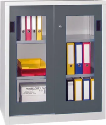 Produktbild von Schiebetürenschrank - Sichtfenstertüren - 1.200x1.000x500 mm (HxBxT) - 2 Böden, gepulvert - Zylinderschloss - zinkgelb/tiefschwarz