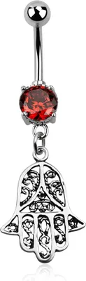 Produktbild von Bauchnabelpiercing Hamsa Hand der Fatima 925 Silber Anhänger Kristall Autiga® silber-rot 12 mm