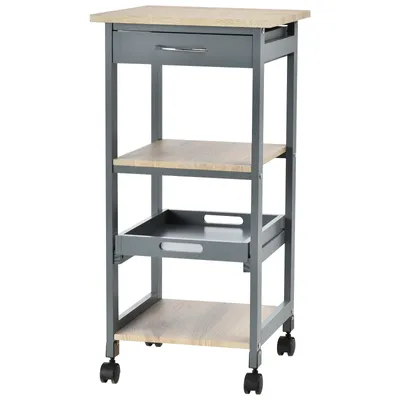 Image de HOMCOM Chariot de service desserte de cuisine à roulettes 2 étagères + plateau amovible + tiroir bois de pin MDF gris chêne clair