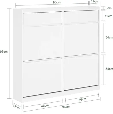 Image de Armoire à chaussures - FSR169-W - Étroite - 4 portes - 4 compartiments - 98×95×19 cm - Bois - Blanc