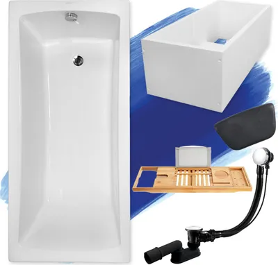 Produktbild von Badewanne Rechteck Set 5in1 170x70 mit Ablaufgarnitur und Füßen GRATIS + Wannenträger + Bambus Holzablage + Kopfstütze in Schwarz | BADLAND OPTIMAZ