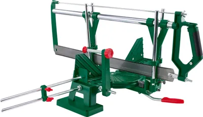 A green miter saw with a silver blade and red handles is shown against a white background.