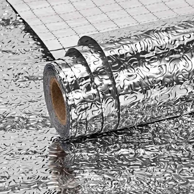 Image de Feuille décorative en aluminium - Nappe en PVC imperméable pour la cuisine - 40 x 300 cm - Argent - Autocollants résistants à l'huile