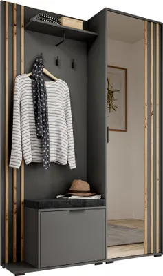 Produktbild von MOEBLO Kompaktgarderobe JOHN – Dielenschrank Wandschrank Regal für Diele & Flur Kleiderschrank Schuhschrank mit Spiegel Flurgarderobe Schrank (BxHxT): 131x192x40 cm - JOHN (Grau + Artisan mit Kissen)