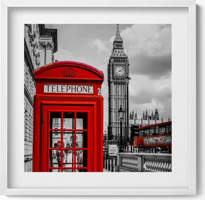 Produktbild von Schwarze Telefonzelle und Big Ben - Vereinigtes Königreich– Wandbild mit Rahmen – Gerahmtes Bild  – Wanddekoration – 50x50 cm –  Weiß Rahmen