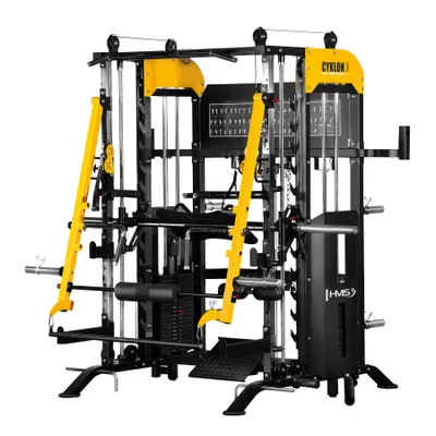 Zdjęcie produktu dla Stacja obciążeniowa HMS Cyklon X | Maszyna Smitha, podwójne koło pasowe 2 × 100 kg, ramiona zacinające, prasa do nóg | profesjonalna stacja fitness