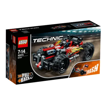 The image shows the packaging of a LEGO Technic BUMMS! 42073 set, featuring a red and black pull-back car with flame decals.