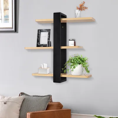 Produktbild von Wandregal Holz,Dekorativ Regale für Wände,Hängend Bücherregal Hängeregal Regalbrett Wall Schweberegal für Wohnzimmer, Küche 58x50x16cm Schwarz